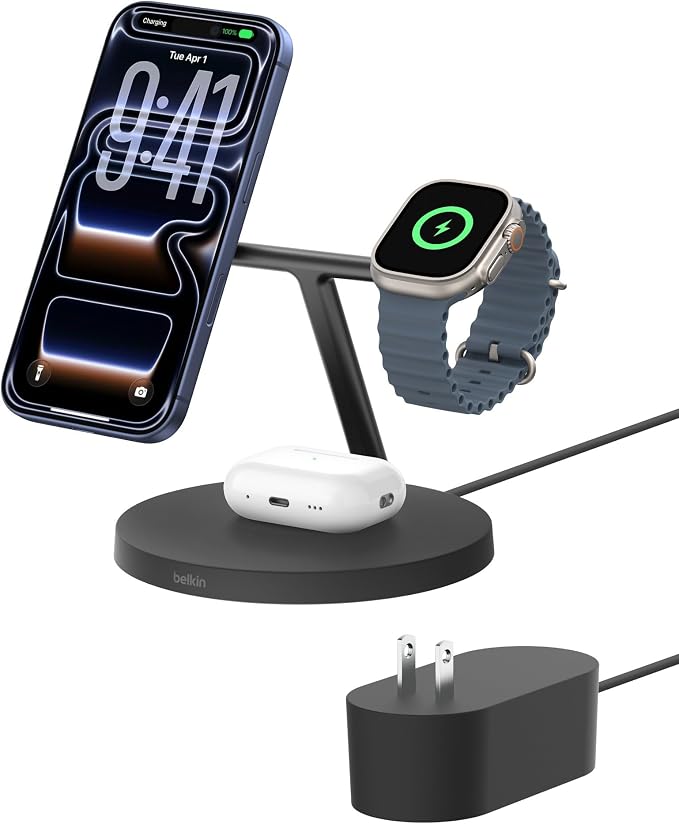 Belkin Qi2 15W Wireless Charging Station, 3 in 1 iPhone Charger | Fast Charging, MagSafe Compatible, iPhone 17/16/15, Apple Watch, AirPods, Travel Charger, Magnetic by Unknown