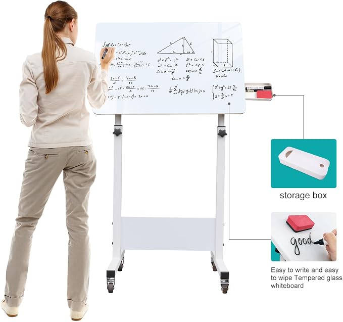 KOUPA 31 Inch Adjustable Height Flip Writable Standing Desk with Wheels | Writable Erasable Tempered Glass Desktop Mobile Desk With Eraser, for Home Office, Small Spaces, White, Height 32inch-47 inch - Image 4