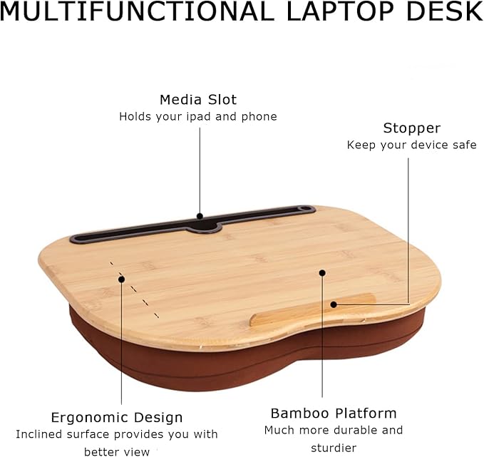 SUMISKY Lap Desk for 14" Laptops-Bamboo Laptop Desk with Cushion & Phone Holder, Portable Laptop Stand with Tray, 15x11 Inches - Image 3