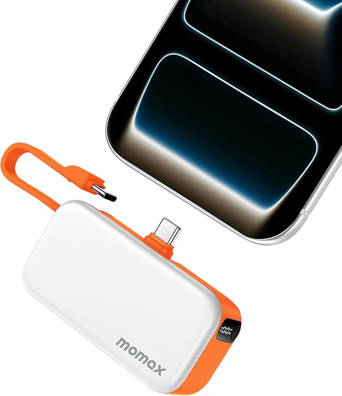 MOMAX Portable Charger 5000mAh Small Power Bank Wireless Portable Charger | PD 20W Fast Charging, 3 USB-C Port, LED Battery Display, Mini, Smart Temperature Control for iPhone 17 16 15 Pro Max, Orange by MOMAX