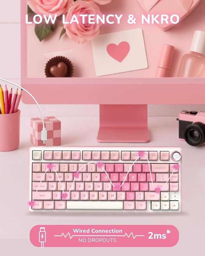 RK ROYAL KLUDGE R75 Mechanical Keyboard Wired with Volume Knob, 75% Keyboard Gasket Mounted, Hot Swappable, Creamy Sound, MDA Profile, PBT Keycaps, Pink - Image 8