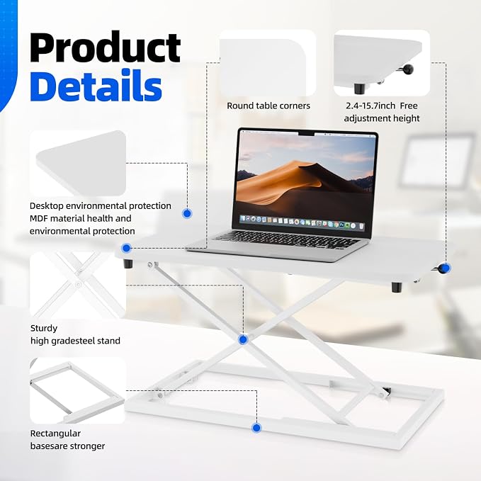 Standing Desk Converter Height Adjustable, Sit to Stand up Desk Riser Computer Workstation use in Laptop and Single Monitor Ergonomic Desktop Workstation for Home Office - White - Image 7