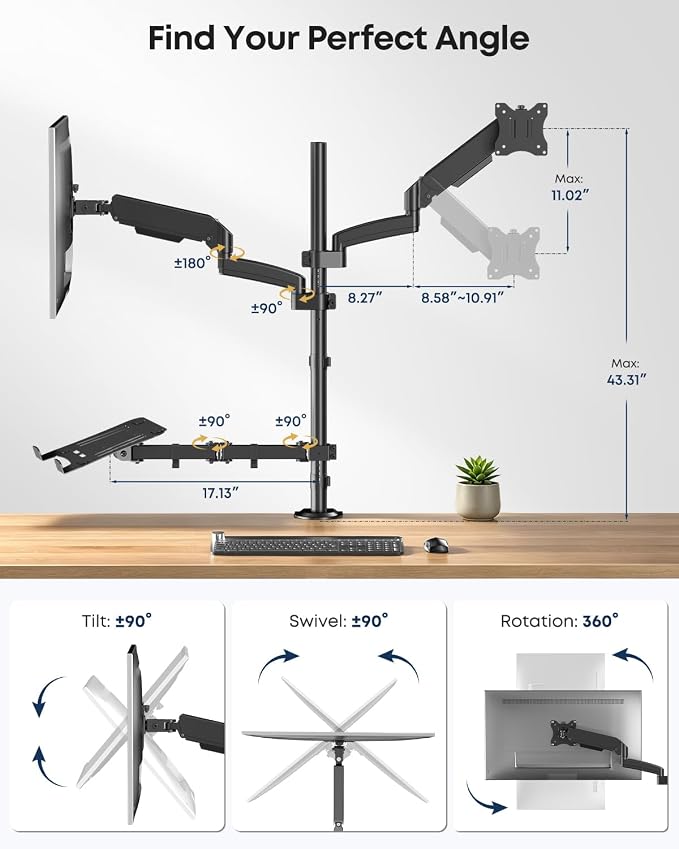 Dual Monitor and Laptop Desk Mount fits 17-32 Inch with Gas Spring | Full Motion, Extra Long Pole, 19.8 lbs Per Arm, Adjustable Stand, C-Clamp & Grommet, VESA 75/100 mm, Black - Image 5
