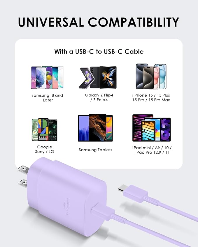 AISNI USB C Charger, 2 Pack 25W Type C Charger Fast Charging with USBC Chargers Cable 6 FT Android Phone Charge for Galaxy S25/ /S24/S23+/S22/S21/S20/Phone 17 16 15 Pro Max 16 15 Plus-Purple - Image 6