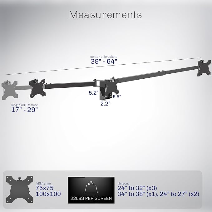 VIVO Premium Triple Monitor Wall Mount for 3 Screens up to 22 lbs, Fits up to 38 inch Ultrawides on Center Bracket, Adjustable Telescoping Arms, Flush Wall Setup, Black, MOUNT-TS03C - Image 3