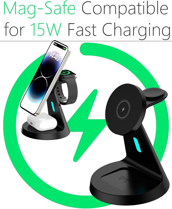 Wireless Charger,3 in 1 Charging Station,15W Phone Charger Stand | Compatible with Mag-Safe Charger for iPhone 17/16/15/14/13/12 Series, Apple Watch, AirPods (Adapter Included) - Image 5