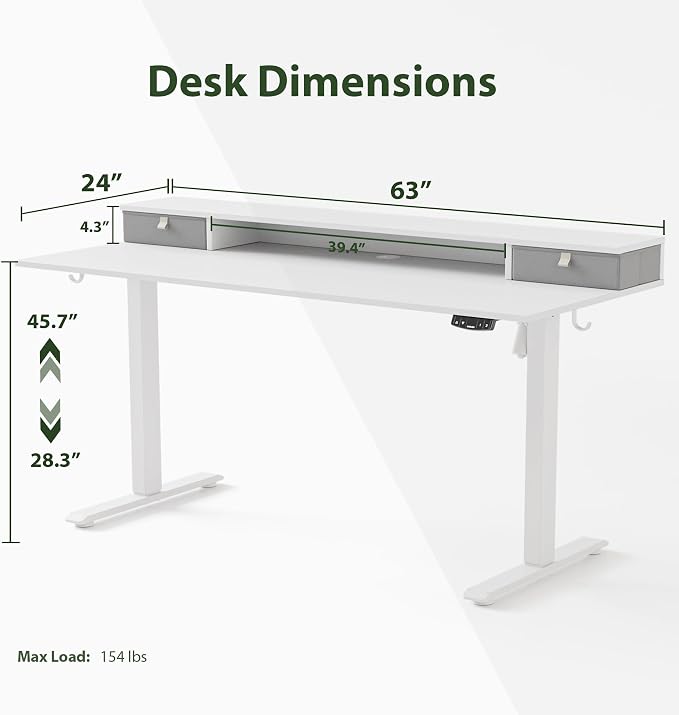 Agilestic 63 * 24 Inch Electric Standing Desk with Drawers, White | Electric Height Adjustable, 2 Storage Drawer, Monitor Stand, Sturdy Steel Frame, Memory Presets, Hooks, 154 lbs, Splice Board - Image 3