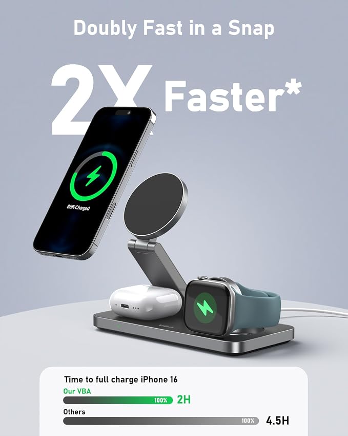 VBA 3 in 1 Wireless Charging Station for Apple MagSafe Charger,Foldable Fast Charging Magnetic Wireless Charger Stand,Travel Charger for iPhone 17 Air 16 15 14 13 12,Apple Watch,AirPods (Black) - Image 3