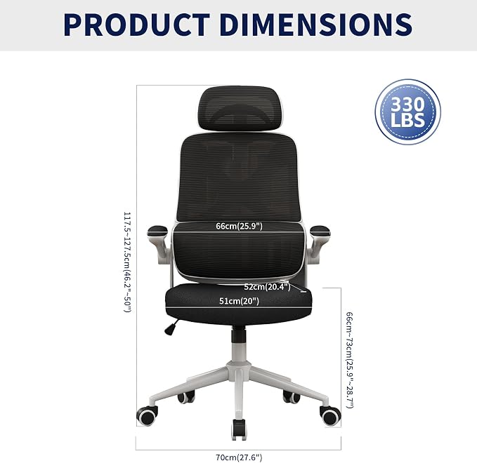 Ergonomic Office Chair - Desk Chair with Adjustable Headrest Lumbar Support Computer Chair - Mesh Comfy Chair with Flip-up Armrests - Gaming Chairs for Adults Home Office 330 LBS (White+Black) - Image 3