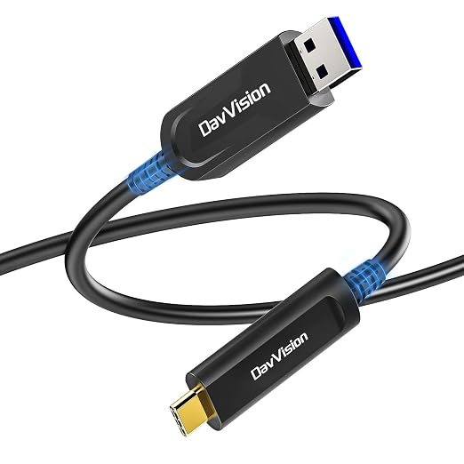 USB A to USB C Fiber Optic Cable 33 FT, 10Gbps USB 3.2 Gen2 Extension Cable with German SiliconLine Chip, Ultra Slim & Long Distance for Logitech 4K Camera,VR/AR,Video Conference by DavVision