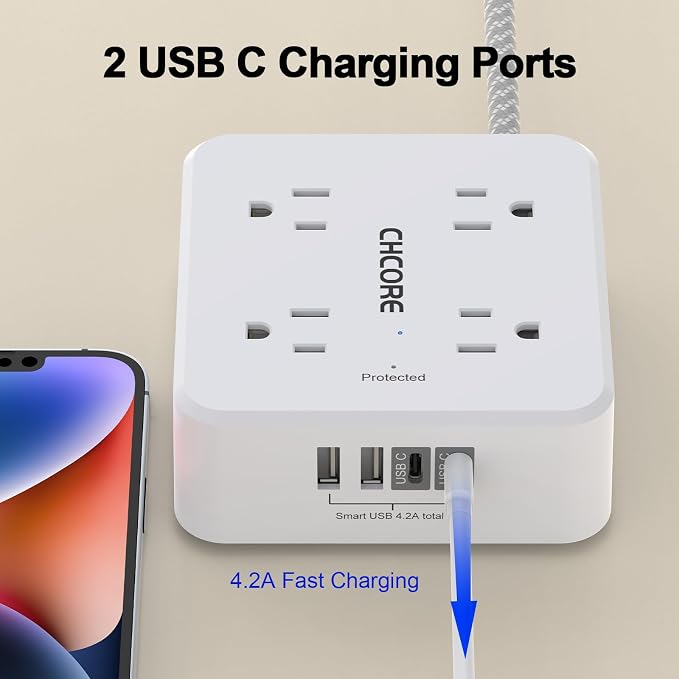 Surge Protector Power Strip - CHCORE 10 Ft Braided Extension Cord with 8 Outlets with 4 USB (2 USB C) Charging Ports, Flat Plug Multi Plug Outlet Extender Charging Station for Home Office, ETL, White - Image 3