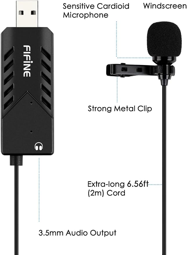 FIFINE USB Lavalier Lapel Microphone, Clip-on Cardioid Condenser Computer Mic Plug and Play USB Microphone with Sound Card for PC and Mac-K053 - Image 2