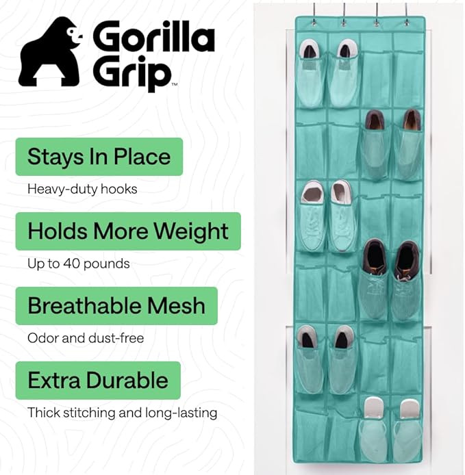 GORILLA GRIP Over the Door Shoe Organizer, 24 Large Pockets, Turquoise | Breathable Mesh Pocket, Space Saving Hanging Storage Holder, Closet Rack Hanger for Shoes, Pantry and Bathroom Accessories - Image 2