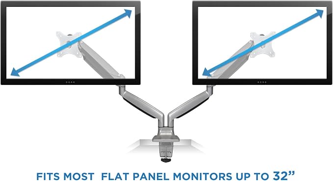 Mount-It! (MI-1772) Dual Monitor Arm Mount Desk Stand Two Articulating Gas Spring Height Adjustable Arms | Fits Up To 32" VESA 75 100 Compatible Screens | C-Clamp and Grommet Bases (Silver) - Image 5