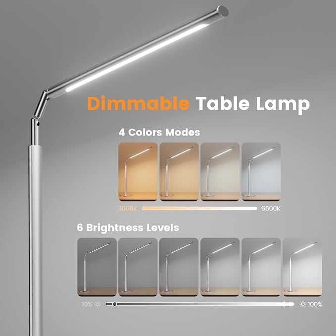 Silver LED Desk Lamp, 16" Dimmable Metal Desk Light with Base, 15W 1200LM, Adapter Included, Color & Brightness Adjustable, Modern Tall Table Lamp for Home Office Reading Study Task Laptop - Image 3