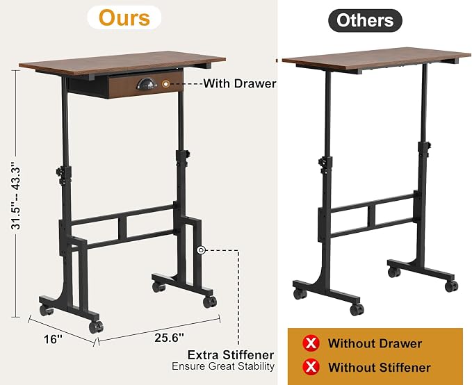 Adjustable Height Standing Desk With Drawer, Rolling Sit Stand Up Desk With Wheels, Small Sit To Stand Computer Desk, Adjustable Desktop Height, On Wheels, Brown, For Walking Pad Laptop Treadmill - Image 2