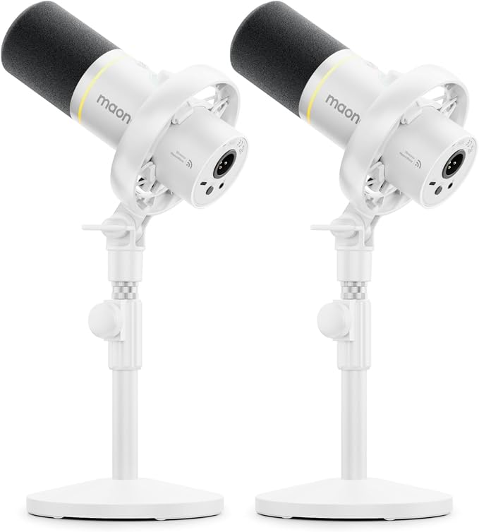 MAONO PD200W Hybrid Wireless Podcast Equipment Bundle for 2 | XLR USB Dynamic Microphone Kit with 2 Desktop Stand, Software, Noise Cancellation, for Co-hosted, Content Creation, White by MAONO