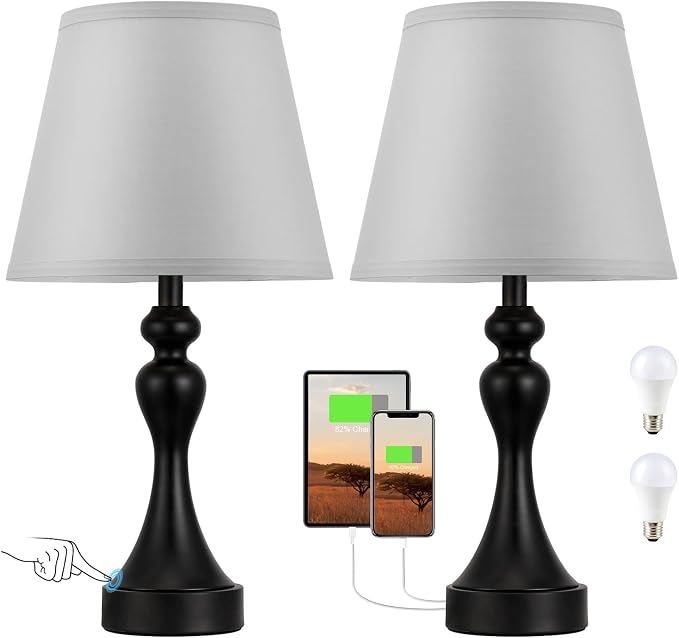 Touch Lamps for Nightstand, 3 Way Dimmable Bedside Lamps with USB C+A Ports | Touch Control, LED Bulb Included, Small Black Table Lamp for Bedroom, Night Stands, End Table, Gift，Corded，Grey Shade - Image 8