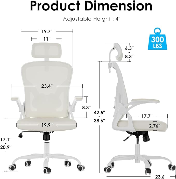Farini Ergonomic Office Chair, Home Office Desk Chair with Headrest, High Back Swivel Computer Chair with Armrests and Adjustable Lumbar Support for Home Office Study Room, White & Beige - Image 2