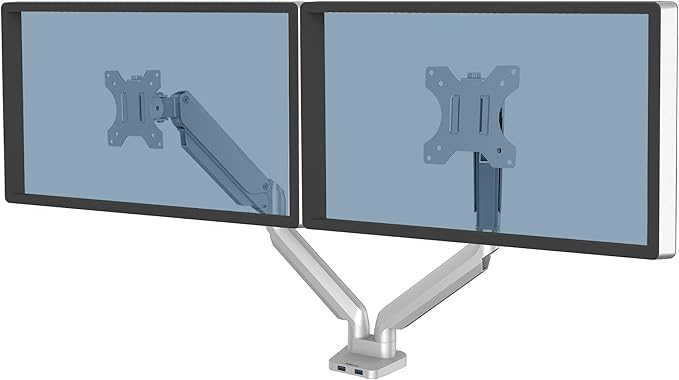 Fellowes Platinum Series Dual Monitor Arm for 40-Inch Monitors, Full Motion, 360° Rotation, VESA Mount with Grommet or Clamp, USB Ports, Ergonomic, Silver, 8056501 by FellowesBrands