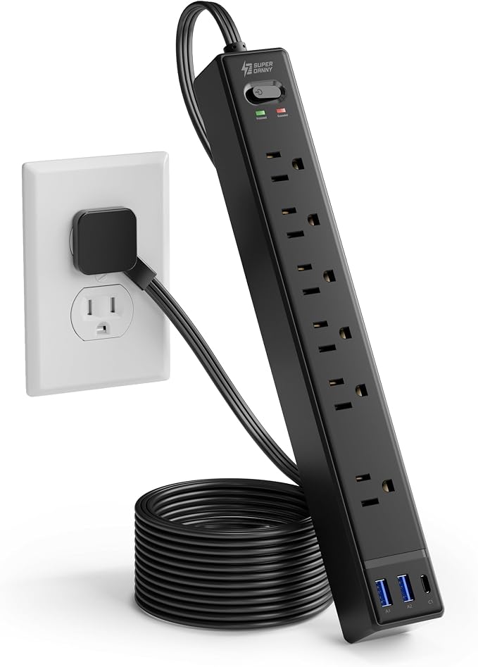 SUPERDANNY 6Ft Thin Extension Cord, Flat Plug Surge Protector Power Strip | Charging Station with 6 Outlets & 3 USB Ports, Wall Mountable Outlet Extender for Home, Office, College Dorm Room Essentials - Image 9