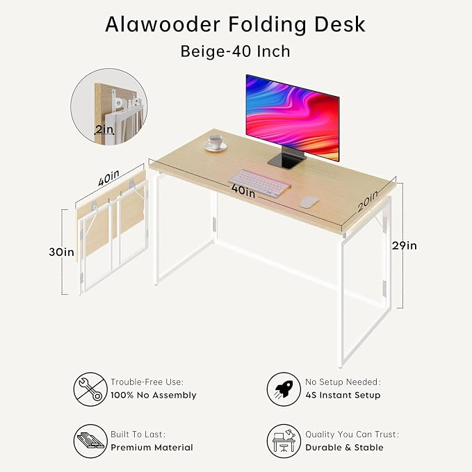 39.4" Folding Desk: No Assembly, Wood Top for Small Spaces | 39.4 in dual-monitor workspace, holds 150 lbs, folds flat to 2.3 in, splash-proof top, home office or gaming - Image 3