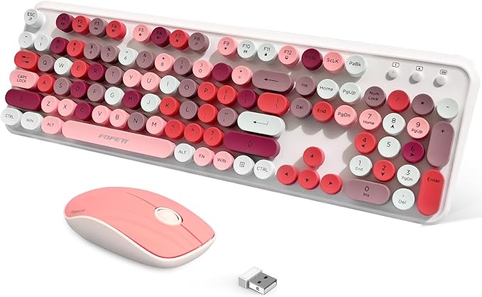2.4GHz Wireless Keyboard and Mouse Set with Switch Button - Full-Size Keyboard - Compatible for Windows/Laptop/PC/Notebook/Smart TV and More - White Colorful by FOPETT