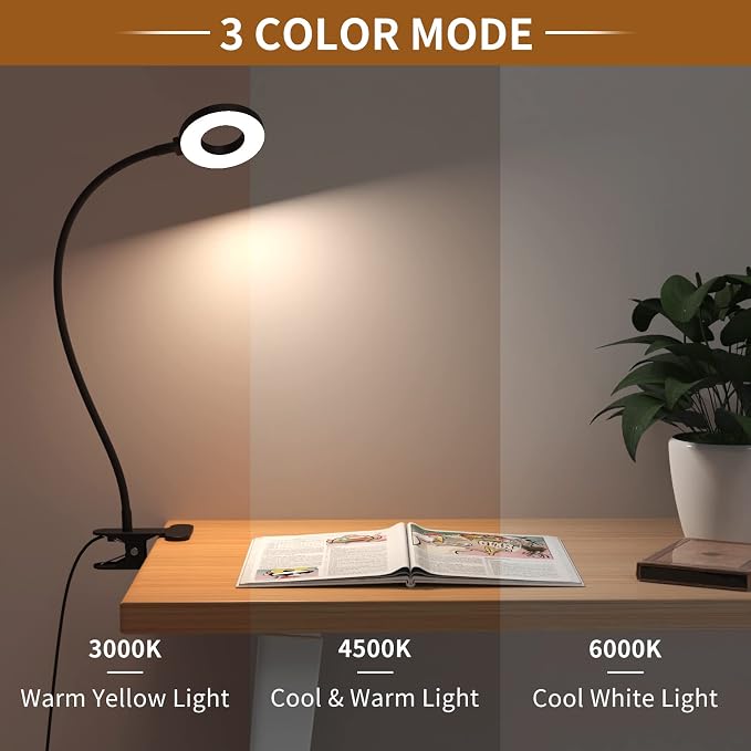 iZELL Desk Lamp, [3 Color Modes & 10 Brightness] LED Reading Light with Clamp, Silicone Flexible Arm Book Light for Kids Reading Book in Bed at Night Clip on Table, Headboard, Dorm - 15.8‘’ Black - Image 2