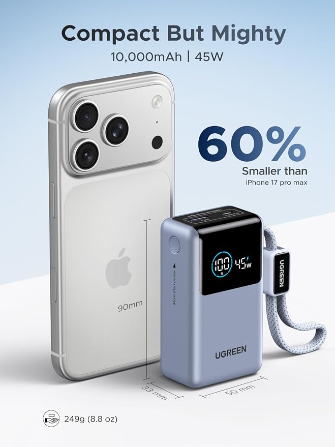 UGREEN Nexode Pro 10000mAh 45W Built-in Cable Power Bank for iPhone | Built-in cable, digital display, PD fast. Compact for iPhone 17/16 Pro Max/Air & S26 Ultra - Image 3