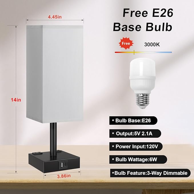 Grey Touch Table Lamp for Bedroom - Dimmable, USB C+A, 2 AC Outlets | 3-Way Dimming, 3000K Bulb Included, Square Grey Lampshade and Black Base, Desk Lamp for Nightstand, Living Room, Dorm - Image 5