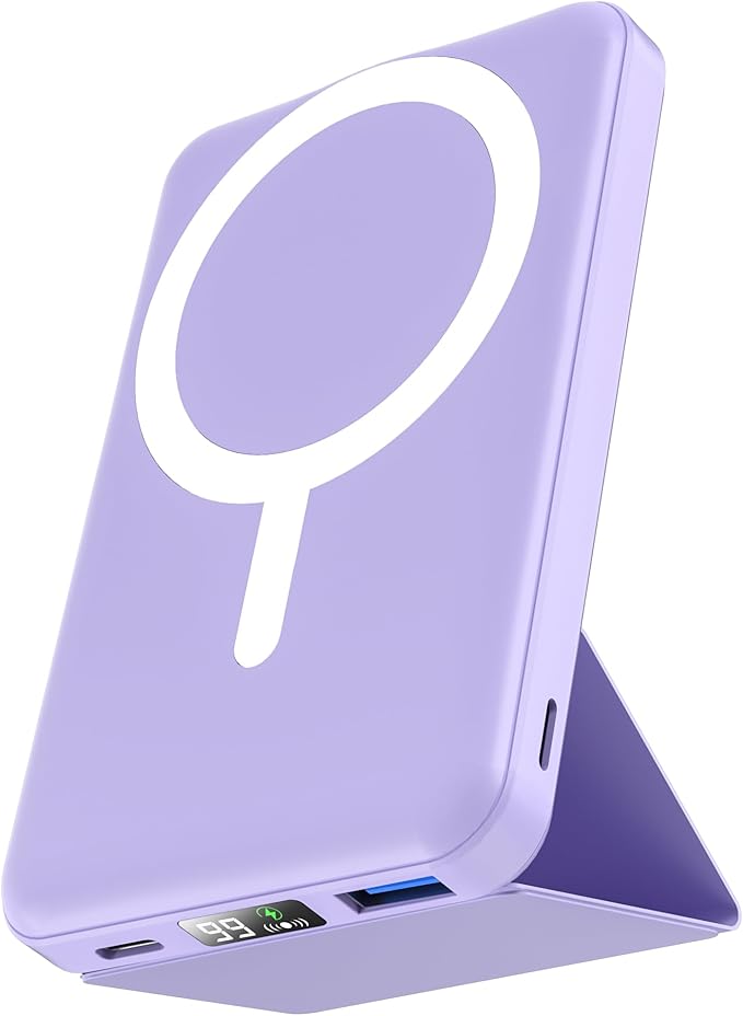 podoru for MagSafe Power Bank 10000 mAh, Foldable Magnetic Portable Charger | 22.5W PD Fast Charging, with USB-C Cable LED Display, Wireless Battery Pack for iPhone 17/16/15/14/13/12 Series-Light Purple by PodoruPowerBank