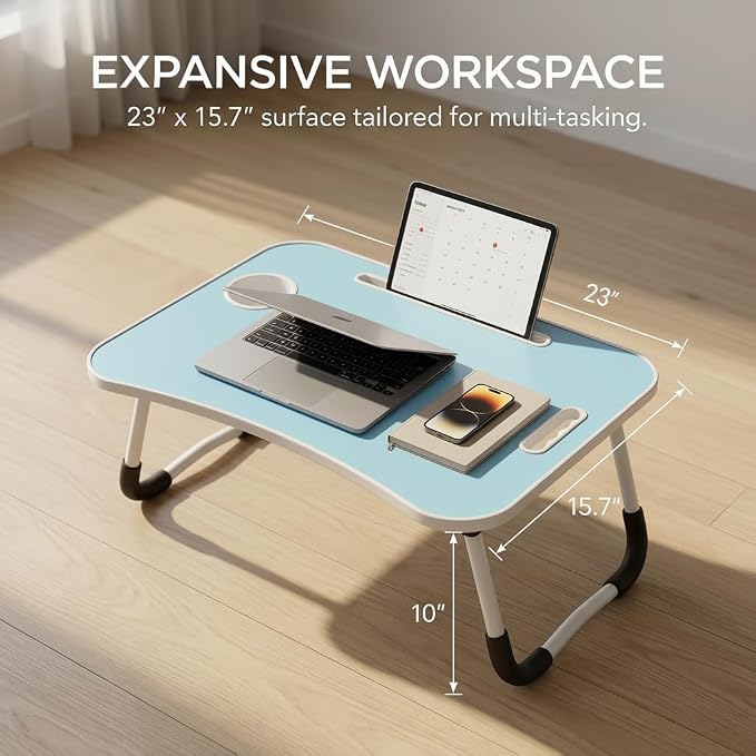 BUYIFY 23" Foldable Lap Desk for Laptop Writing w/Cup Holder Blue | Sturdy and Durable, Laptop Bed Desk with Tablet Slot, No Assembly, Space Saving for Bed Couch Dorm WFH Students - Image 4
