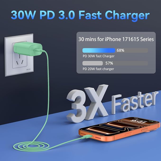 Phone 17 16 15 Charger Fast Charging,30W USB C Phone 17 16 15 Pro Max Charger Block &10FT Long Type C Cable Cord for i.Phone 17/Air/17 Pro/17 Pro Max/16/16 Plus/16 Pro/16 Pro Max/15/15 Pro Max,Green - Image 3