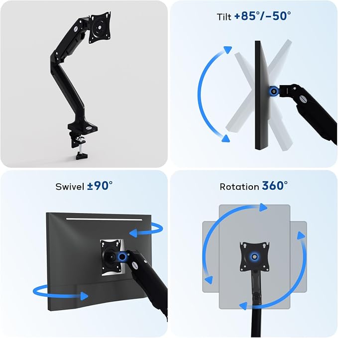 MEASUREMAN Premium Gas Spring Monitor Desk Mount, Full Motion Articulating Single Arm for Ergonomic Height Adjustment | Fits 17 to 35 Inch Screens up to 22 lbs, VESA 75x75 & 100x100mm - Image 3