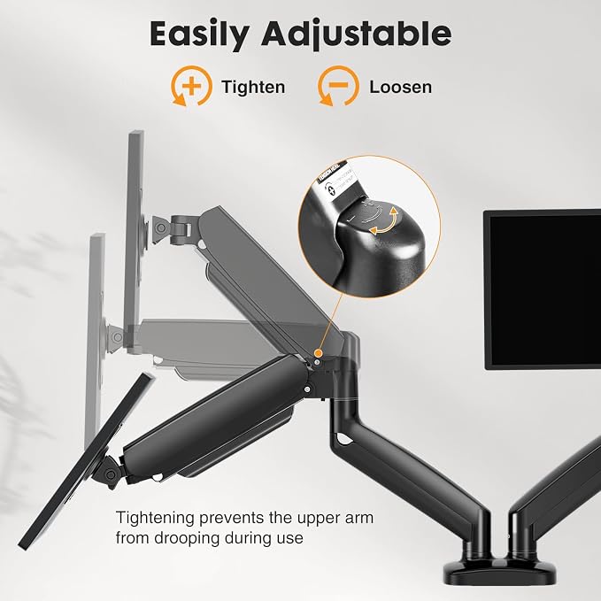 DUMOS 2Pcs Dual Monitor Mount for Desk, Gas Spring Monitor Arm for 2 Monitors Max 32 Inches, Fully Adjustable Double VESA Mount with C-Clamp/Grommet Base, Holds Screen 17.6 lbs - Image 6