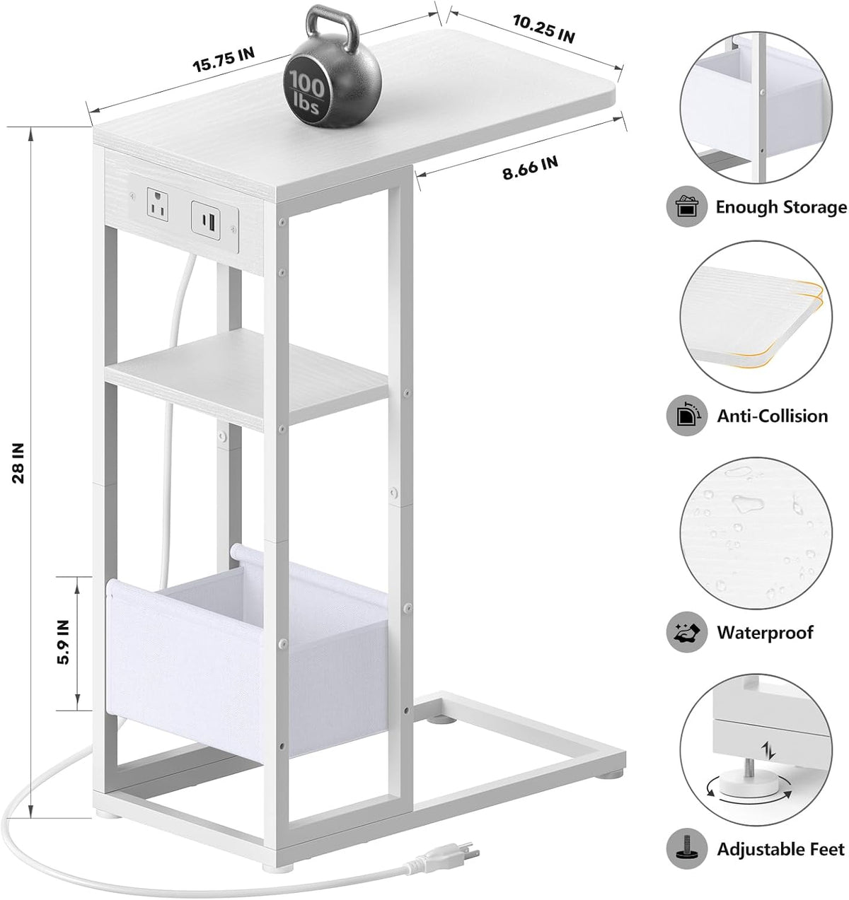 C Shaped End Table with Charging Station, Small Side Table for Couch Recliner, Slide Under Sofa Desk Snack Tables with Storage Bag & AC / USB Outlet, Small Spaces Drink Tables for Living Room, Bedroom - Image 3