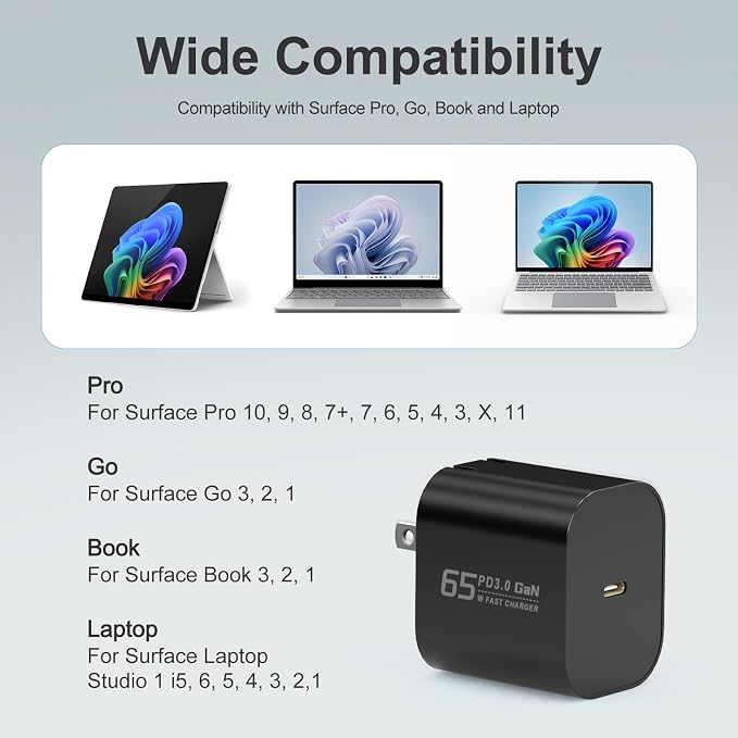 65W USB C Surface Pro Charger Compatible with Surface Pro 3/4/5/6/7/8/9/10/X/11/12,Surface Book1/2/3,Power Adapter Compatible with Microsoft Surface Laptop/Tablet,Support 44W 36W - Image 5