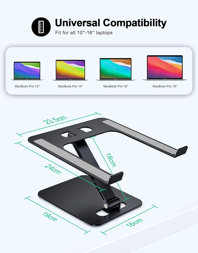 RIWUCT Foldable Aluminum Alloy Laptop Stand for Desk, Height Adjustable Ergonomic Computer Stand, Portable Laptop Riser Holder Printer Stand Compatible with MacBook Pro Air/HP/Dell 10-16", Black - Image 5
