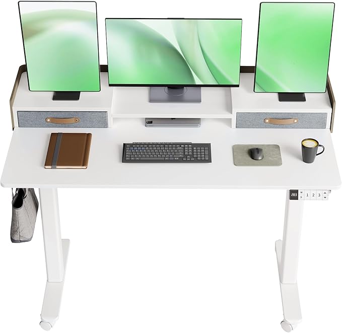 Claiks Standing Desk with Drawers & Wheels, 2 Height Shelf 48inch White | 2 height adjust shelf, tabletop drawers, felt fence design, sturdy supports 176 lbs, 4 wheels, 2 tire monitor stand by CLAIKS