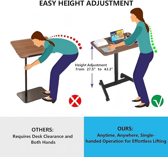 28-Inch Mobile Standing Desk, Adjustable Computer Desk, Portable Standing Desk with Lockable Wheels, Rolling Table for Home Office Classroom Hospital (Walnut) - Image 4