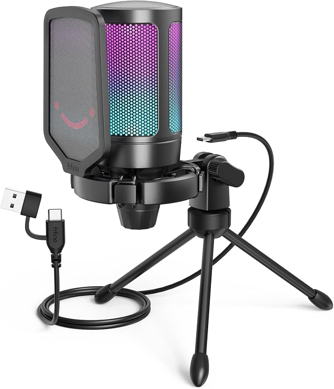 FIFINE AmpliGame A6V USB Gaming Microphone, Condenser RGB Mic for Streaming | Quick Mute, RGB, Gain Control, Tripod Stand, Pop Filter, Shock Mount, for PC/PS5 Discord Twitch Podcasts Videos YouTube by FIFINE