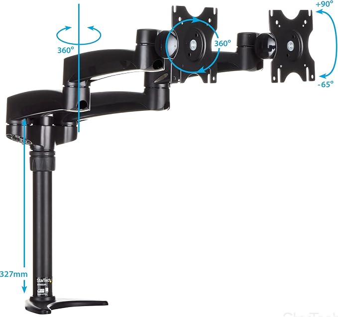 StarTech Desk Mount Dual Monitor Arm 24in, Articulating, Black (ARMDUAL) | Supports Monitors 12'' to 24" (29.9lb/13.6kg), Adjustable VESA Monitor Arm, Grommet or Desk Mount - Image 4
