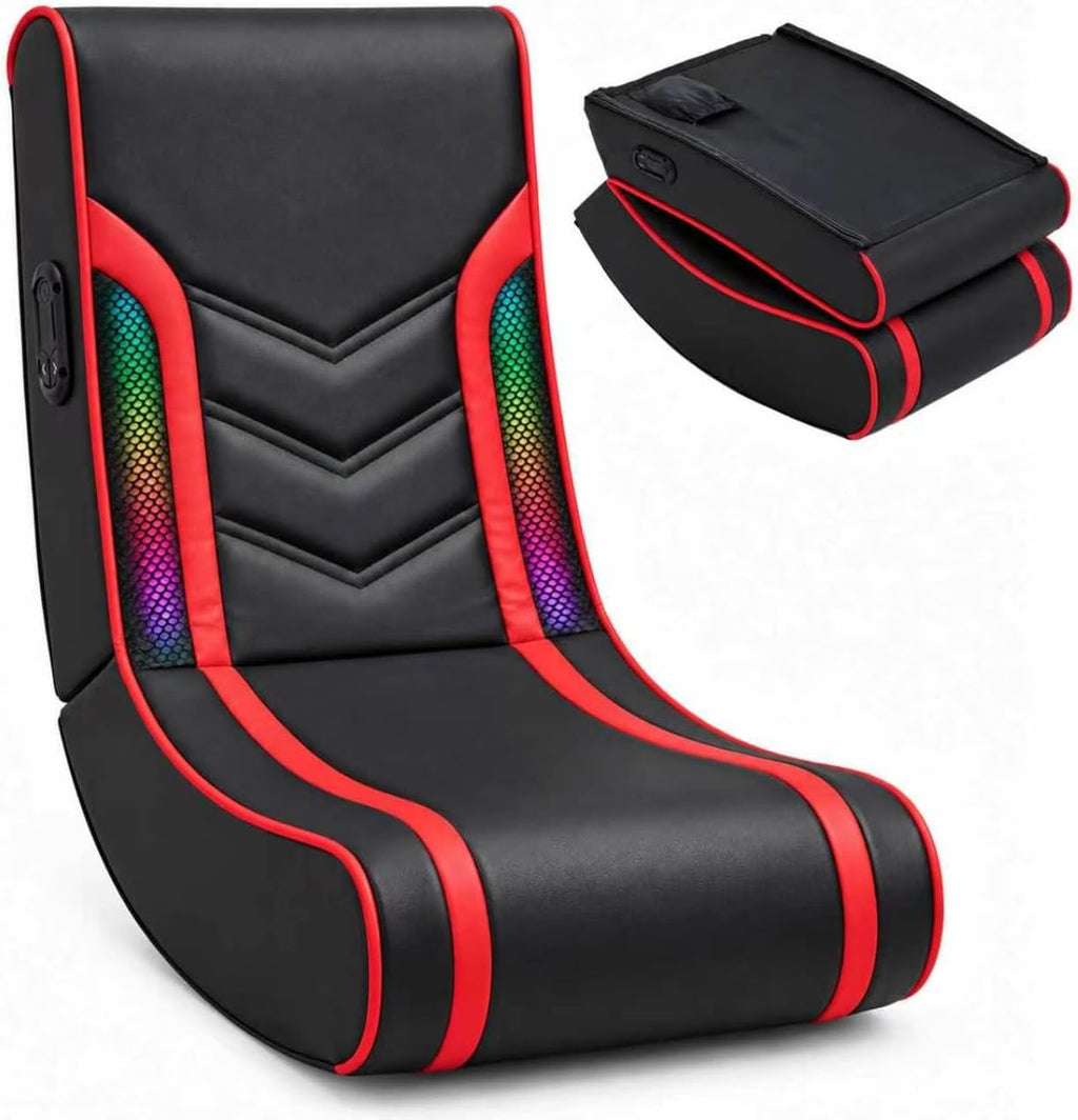 Foldable Floor Gaming Chair with RGB Led Lights for Teens Adults，Black+Red by Anwick