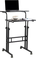 Mind Reader Standing Desk, Adjustable Height Laptop Workstation, Portable Rolling Desk on Wheels, Two-Tier Metal Frame, Black by MindReader