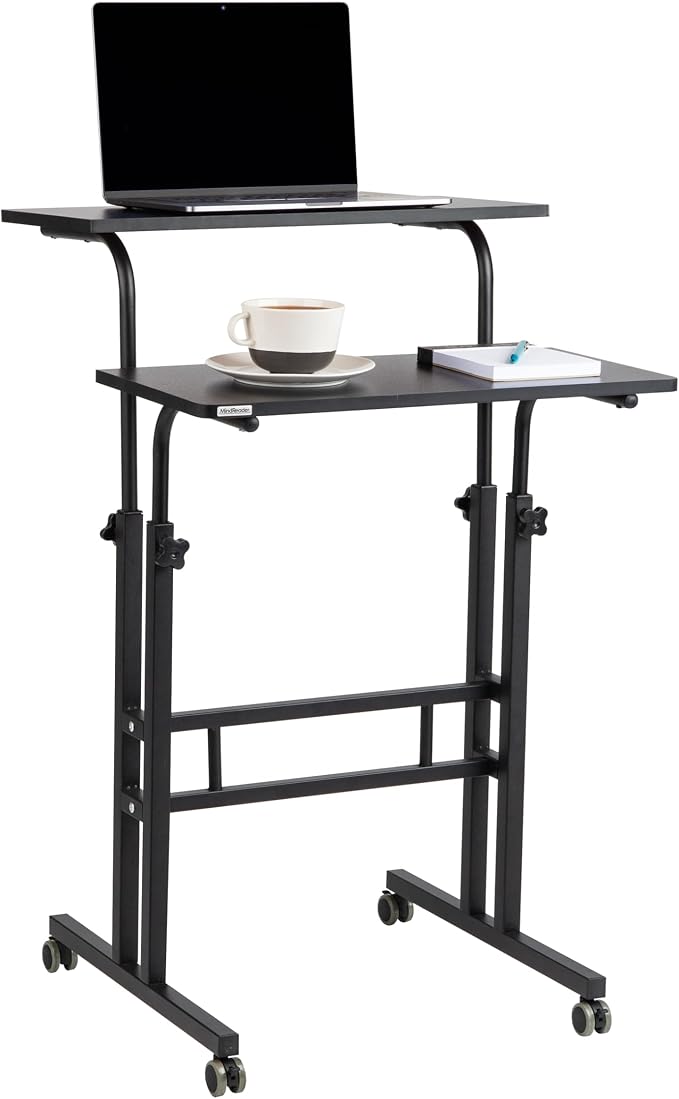 Mind Reader Standing Desk, Adjustable Height Laptop Workstation, Portable Rolling Desk on Wheels, Two-Tier Metal Frame, Black by MindReader