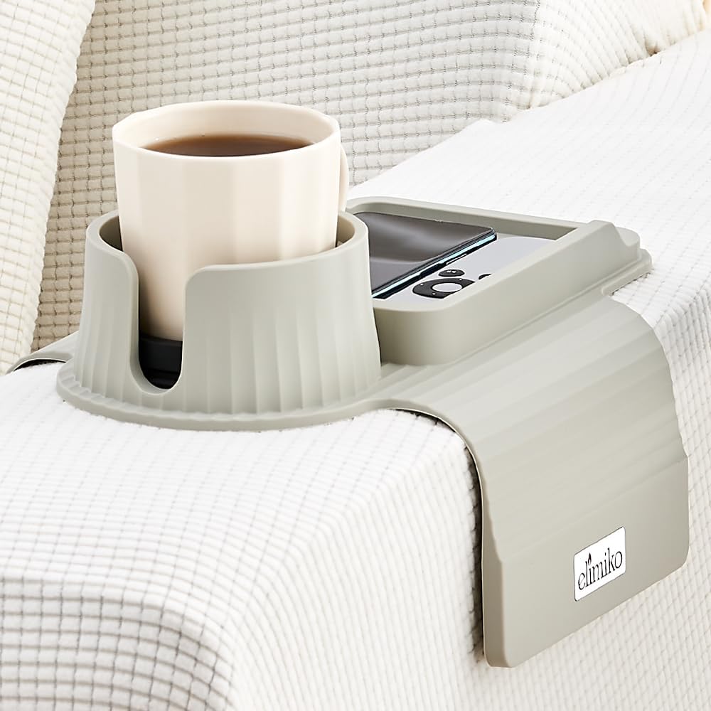 Couch Cup Holder Tray, Elimiko Silicone Sofa Drink Holder with Large Cup Holder and Tray, for Oversized Mugs/Long Remote/Snacks/Cellphone (Griege) by Elimiko