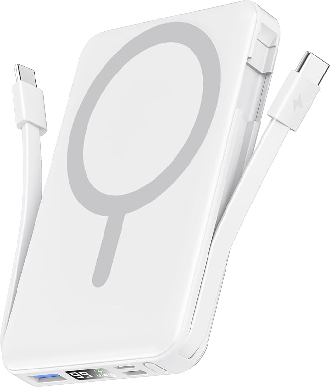 podoru for Magsafe Power Bank, 10000mAh Magnetic Portable Charger | Built-in Double USB-C Cables, 20W PD Fast Charging Wireless Battery pack for iPhone 17/16/15/14/13/12 Series-White by PodoruPowerBank