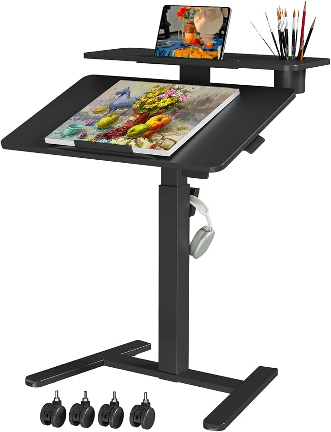 28" Mobile Standing Desk, Tiltable Top with 2-Tier Shelves, Black | Pneumatic Rolling Desk, Adjustable Height Computer Workstation, Sit Stand Portable Drafting Table & Laptop Cart on Wheels by LiftSync