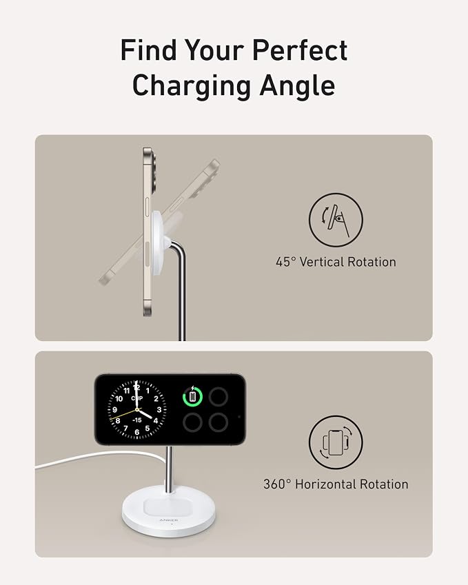 Anker MagGo 2-in-1 MagSafe Compatible Qi2 15W Wireless Charging Stand | Qi2 Certified, Fast Charging, Wireless Charger for iPhone 17, AirPods Pro, and More (White, 40W Adapter Included) - Image 4