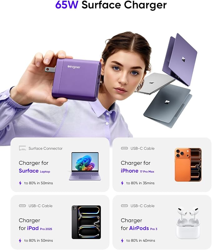 Surface Pro Charger, 65W Microsoft Surface Charger for 12/11/10/9/8/7/6/5/4/3/X, Compatible with Both Microsoft Book/Laptop/Tablet and All USB-C Deviece (Purple) - Image 2